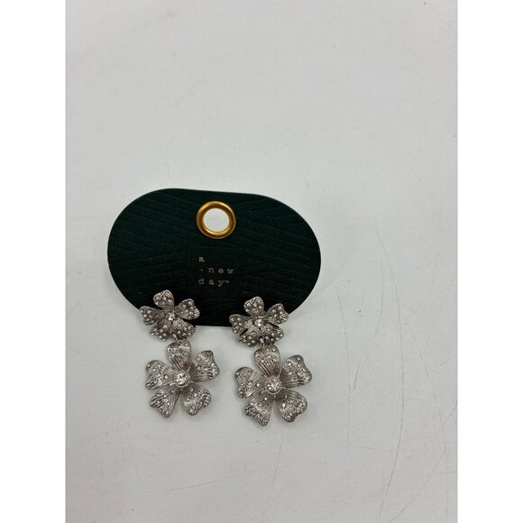A New Day Silver Floral Drop Earrings Crystal Accent - Picture 1 of 5